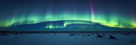 Aurora borealis, northern lights, over the snowy fieldの写真素材