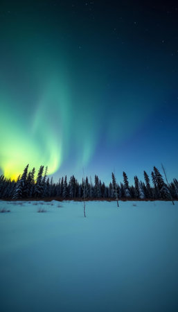 Northern lights in the sky over the winter forest. Northern lights. Aurora borealis.の写真素材