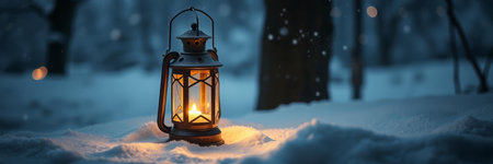 Lantern on the snow in the forest at night. Beautiful winter landscape.