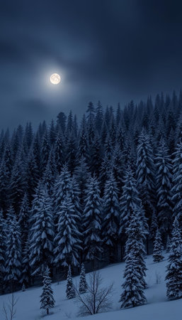 Beautiful winter landscape with snow covered fir trees and full moon.の写真素材