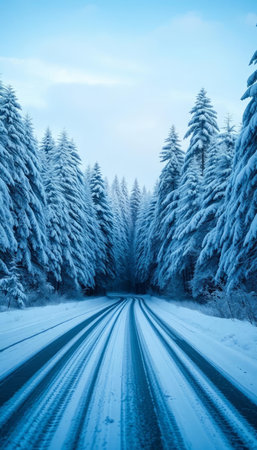 Snowy winter road in the mountains. Beautiful winter landscape. Blue toning.の写真素材