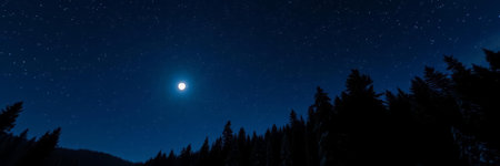 Night sky with stars and a full moon. Panoramic image.