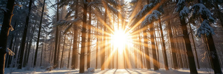Sunset in the winter forest. Panoramic view of the winter forest.