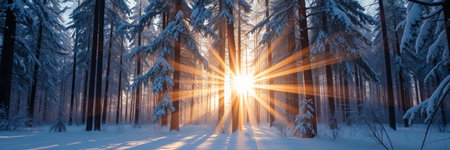 Beautiful winter landscape with snow covered trees and sunbeams.