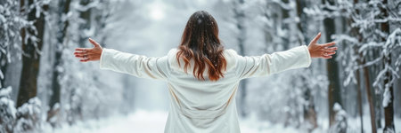 Beautiful young woman in the winter forest. Panoramic banner.の写真素材