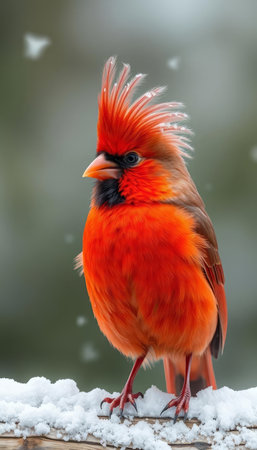 Male Northern Cardinal (cardinalis cardinalis) on snow in winterの写真素材
