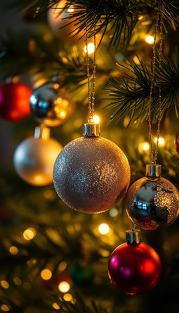 Christmas and New Year holidays background with Christmas tree and baubles