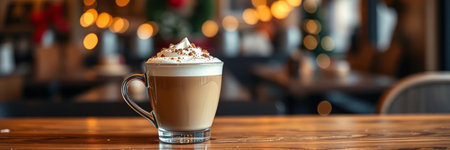 Cappuccino with whipped cream on a wooden table in a cafe