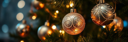 Christmas tree decorated with golden and silver baubles on bokeh background