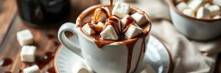 Cup of hot chocolate with marshmallows on wooden table, closeup
