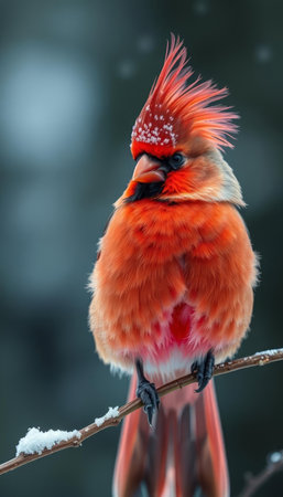 Northern Cardinal (cardinalis cardinalis) on a branch in winterの写真素材