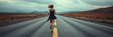 Young woman running on an empty road in the middle of the desertの写真素材