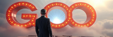 Businessman looking at the growth of the word go to the sky