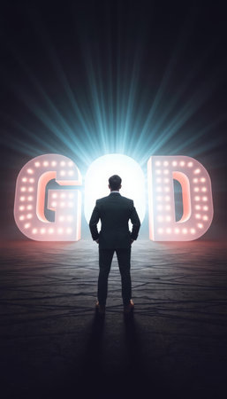 Businessman standing in front of a glowing signの写真素材