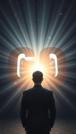 Businessman looking at glowing 3d letters coming out of his headの写真素材