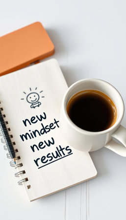 New mindset new results written on a notepad with a cup of coffeeの写真素材