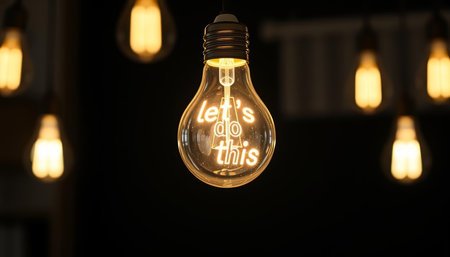 Retro light bulb glowing in the dark with textの写真素材