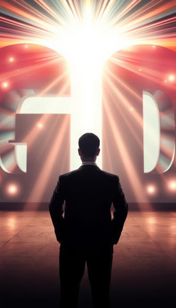 Back view of businessman looking at glowing sign in the dark roomの写真素材