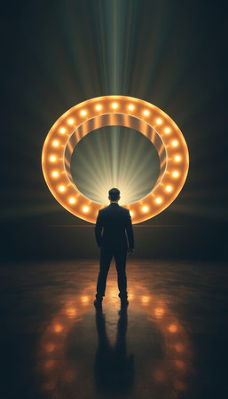Man standing in front of glowing circle with light bulbs. 3D renderingの写真素材