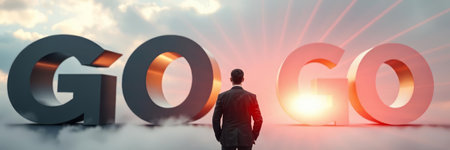 Concept of success with businessman standing in front of the word goの写真素材
