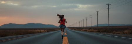 Young woman running on an empty road during sunset. Rear view.