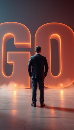 Businessman standing in front of the word made of glowing neon lettersの写真素材