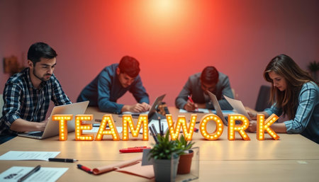 Teamwork concept. Group of young business people working together in modern office.の写真素材