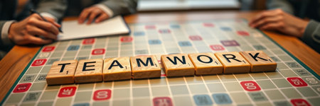 Teamwork concept. Close-up of wooden cubes with the word Teamwork on the table.の写真素材