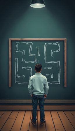 Businessman looking at the maze drawn on a chalkboard in a roomの写真素材