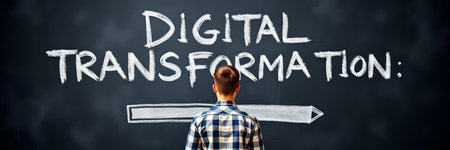 Rear view of a man with a pencil pointing the word digital transformationの写真素材