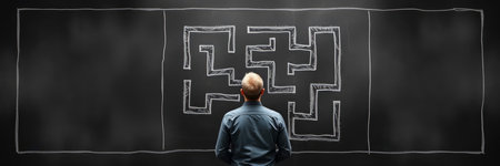 Rear view of a businessman looking at a maze drawn on a blackboardの写真素材