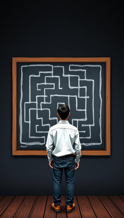 Back view of a boy looking at a maze on a chalkboardの写真素材