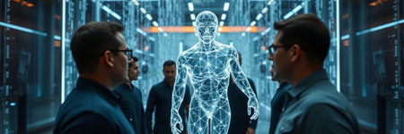 3d rendering of artificial intelligence concept in futuristic server room with peopleの写真素材