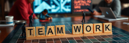 Teamwork concept. Wooden blocks with the word teamwork on the tableの写真素材
