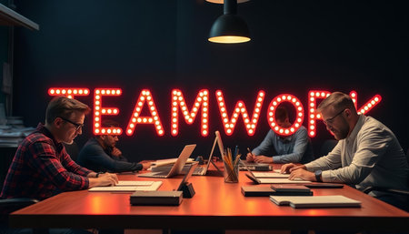 Teamwork concept. Group of young business people working together in modern office.の写真素材