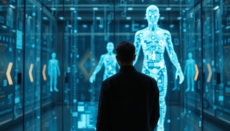 Man looking at hologram of human body in futuristic server room 3D renderingの写真素材