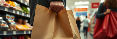 Cropped view of man holding paper bag in supermarket, blurred backgroundの写真素材