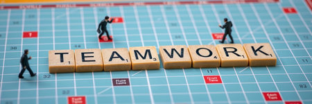 Teamwork concept. Businessman make word teamwork from wooden cubes.の写真素材