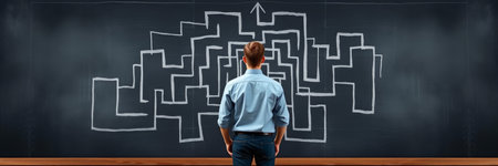 Rear view of businessman looking at drawing construction project on blackboardの写真素材