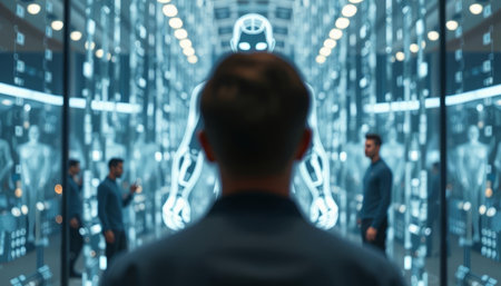 Blurred image of a man looking at hologram display in modern officeの写真素材