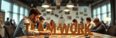 businessman with word team work on table in office, panoramic shotの写真素材