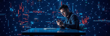 Handsome hacker stealing data from a mobile phone. Concept of cybercrime and hacking.
