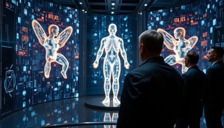 Businessman looking at hologram of human body in modern data center