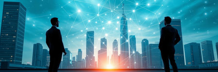 Silhouettes of business people on the background of the modern city.の写真素材