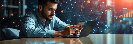 Businessman using mobile phone in office with double exposure of network hologram.