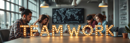 Teamwork concept. Group of young business people working together in modern office.の写真素材