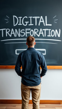 Digital transformation concept with a teacher standing in front of a blackboardの写真素材