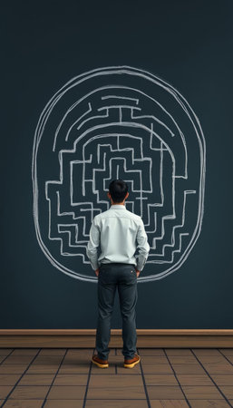 Businessman looking at a maze drawn on a wall with a solution conceptの写真素材