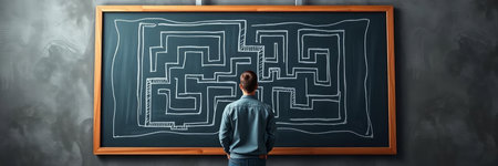 Businessman in front of blackboard with a maze drawn on itの写真素材