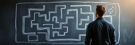 Businessman in front of a blackboard with a maze drawn on itの写真素材